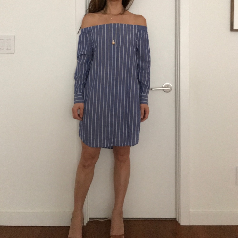 NWT Equipment Gretchen Shirt Dress XS Blue Off-the-Shoulder French Chic Sexy